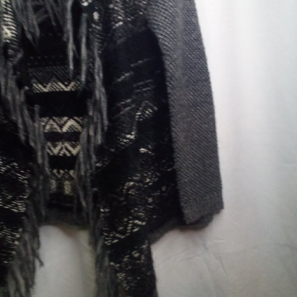 Vintage America Cardigan Sweater M Open Front Fringe Long Sleeve Black White - Picture 9 of 14